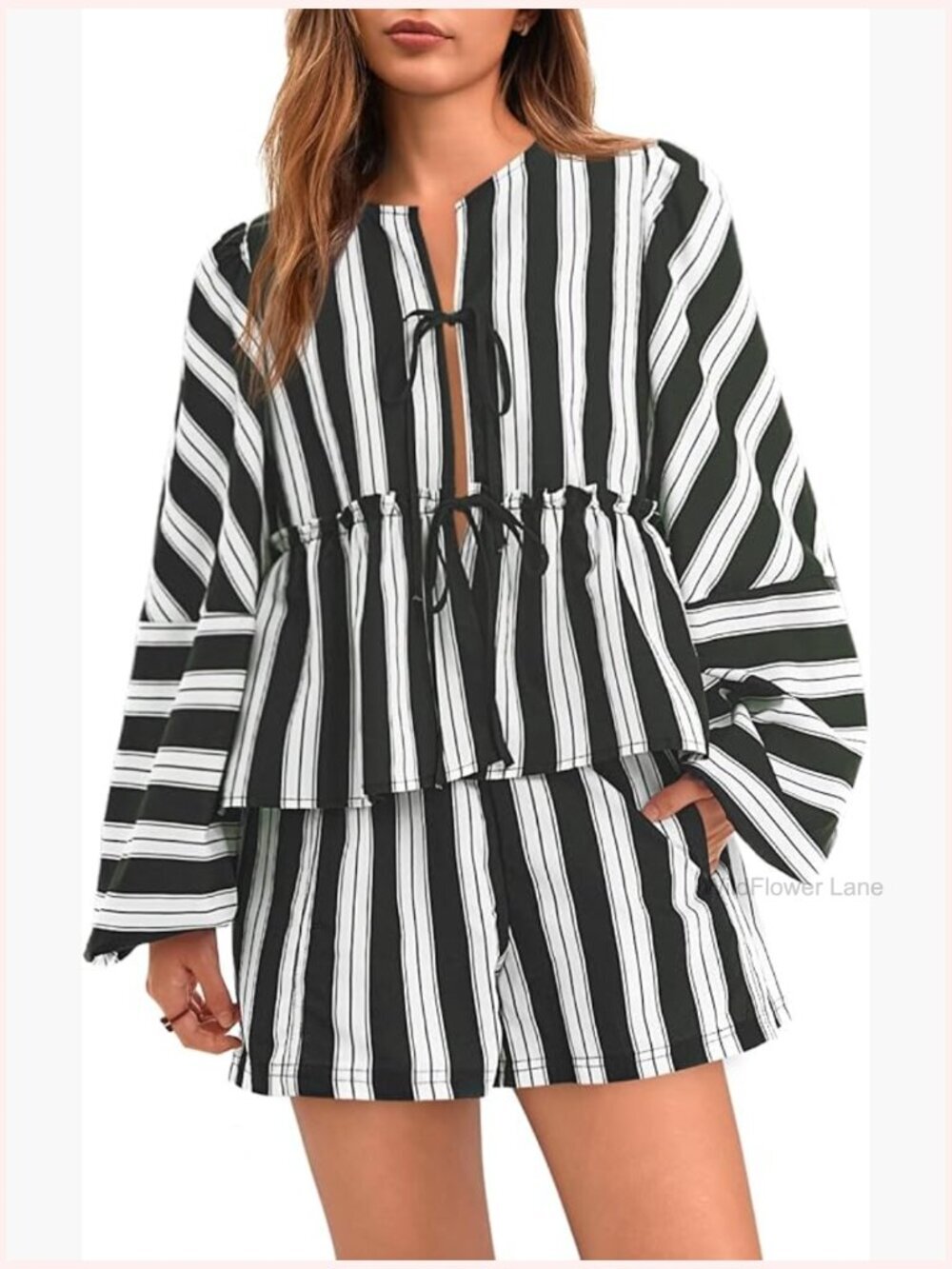 2 Piece Outfits Tie Front Peplum Tops Shorts Sets Striped Puff Long Sleeve